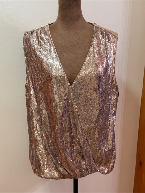 Halston Heritage Tops - Halston Heritage Rose Gold V Neck Sleeveless Sequin Wrap-Front Top Medium NWOT